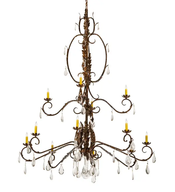 Valentina features an exquisitely, shapely frame and hardware in an exquisite Black Hills Gold finish. Hand-forged iron Scrollwork and Crystal Pendalogues complement 12 Ivory faux candlelights perched on floral-style bobeches and deliver beautiful ambient illumination. The luxurious chandelier will add sophisticated sparkle and romantic charm to entryways and great rooms in fine homes and hotels from Fayetteville, North Carolina, to Modesto, California, to Tacoma, Washington. The Valentina Chandelier is included in our American-made, American-designed, handcrafted Crystal Lighting Collection and manufactured in Yorkville, New York. The fixture is UL and cUL listed for dry and damp locations. Collection: Valentina Finish: Oxide Bronze Glass: Amber Mica Width: 56.00" Height: 85.00" Length: 56.00" Weight: 53.00 lb Number of Bulbs: 12 Maximum Wattage: 60.00 W Bulb Type: BA9 Bulb Base: E12 Material: Steel Country of Origin: USA Safety Listing: Damp Safety Rating: Damp