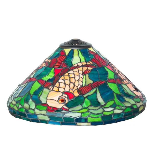 Recreating a Tiffany art glass shade design... Coral-colored Koi fish swim in rippling Cobalt and Teal Blue waters with a Blue/Green art glass-bordered skirt. The art glass shade is handcrafted using the famous Meyda Tiffany copperfoil construction process. Pairs well with a base to create table and floor lamps or hardware to build ceiling and wall fixtures. The Tiffany Koi Shade is included in our American-designed; handcrafted Tiffany Reproduction Collection. Each shade is a unique work of art with color variations based on natural ingredients inherent in the glass. Please contact us if color matching is critical when ordering multiple items.