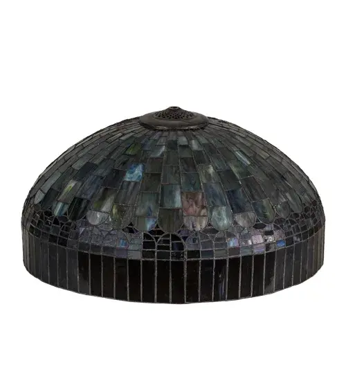In the early 20th century; Tiffany Studios used artful mastery to develop the look of woven fabric with a fringed skirt out of glass. Meyda Tiffany is able to configure this timeless reproduction into a stunning shade. The shade features Multi-hued Plum fringe designed with a dome brickwork that reveals Emerald; Cobalt; Heather; Xanadu; Azure and Saffron art glass. The art glass shade is created using the famous Meyda Tiffany copperfoil construction process and can be used with a base to build a floor lamp or hardware to make a fine ceiling fixture. - alternate view