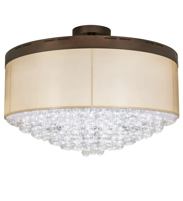 Cilindro Bulle features a distinctive look that will enhance most interior decor themes. This ceiling fixture offers a Dark Gold TextraLite rounded shade which is enhanced with bottom diffuser array of stunning Clear Glass bubble-like orbs. The fixture is enhanced with a Mahogany Bronze finish on the rugged top border and hardware; and a delicate Macademia finish trim on the shade. This fixture is illuminated with Integral LEDs for energy efficiency; reduced maintenance and long life. Handcrafted by highly skilled artisans at our 180;000 square foot manufacturing facility in Yorkville; New York. Custom sizes; styles and colors are available.