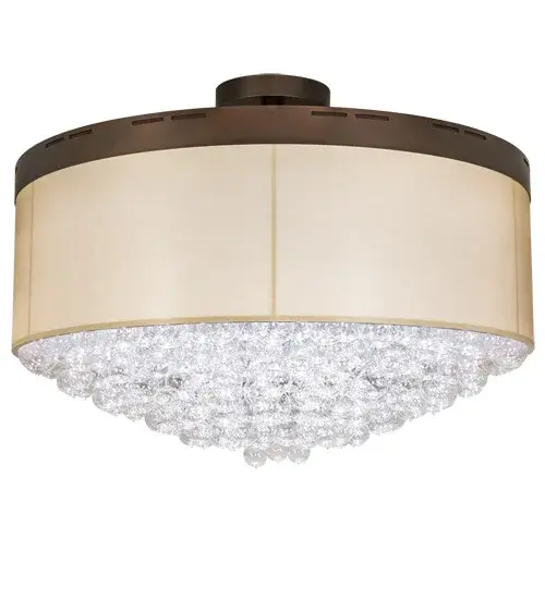 Cilindro Bulle features a distinctive look that will enhance most interior decor themes. This ceiling fixture offers a Dark Gold TextraLite rounded shade which is enhanced with bottom diffuser array of stunning Clear Glass bubble-like orbs. The fixture is enhanced with a Mahogany Bronze finish on the rugged top border and hardware; and a delicate Macademia finish trim on the shade. This fixture is illuminated with Integral LEDs for energy efficiency; reduced maintenance and long life. Handcrafted by highly skilled artisans at our 180;000 square foot manufacturing facility in Yorkville; New York. Custom sizes; styles and colors are available. - alternate view