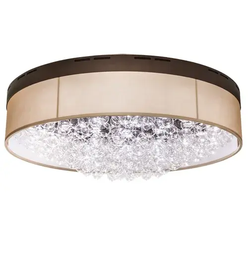 A lovely; massive centerpiece for any residential; hospitality; or commercial space. This mesmerizing ceiling fixture design comes to light as perfectly formed; sphere-like Crystal Bubbles appear to flow as the light makes them gleam; like magic. The stunning and unique Cilindro Bulle Flushmount features a Dark Gold TextraLite shade; revealing 22 Clear Crystal Miniature Globes in three; four and five-inch sizes; illuminating beautifully with Integral LEDs for long life; energy efficiency; and high-quality 3000K warm white light. The luxurious shade is crowned with a handsome hub featuring perforated metal cutout accents offered in a Mahogany Bronze finish. In addition; Macadamia-finished accents support the frame and complement the fabric shade. The Cilindro Bulle Flushmount is included in our American-made; American-designed Modern Lighting Collection. The eye-catching ceiling fixture is manufactured in Yorkville; New York. It is UL and cUL listed for dry and damp locations; however; we do not recommend installing it in spaces that experience a large amount of moisture due to the fabric shade. - alternate view