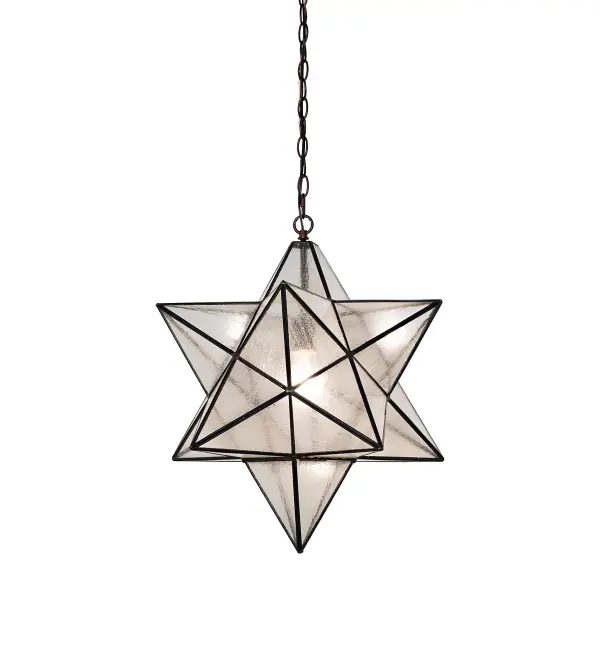 Grace your home with this timeless ceiling fixture; hand crafted of sparkling Clear Seedy art glass. Dating back to Moravia; hunderds of years ago; the star was used to protect your home and bring good luck to your family. The Meyda Tiffany Moravian Star pendant is suspended from chain and canopy in a Mahogany Bronze hand applied finish.