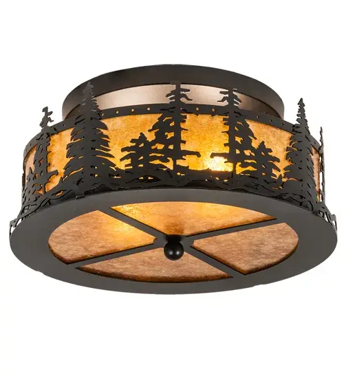 The material is Steel and Mica. The finish is Black Satin Wrought Iron. The diffuser is Amber Mica. Collection: Tall Pines Finish: Black Satin Wrought Iron Glass: Amber Mica Width: 16.00" Height: 7.00" Length: 16.00" Weight: 7.50 lb Number of Bulbs: 2 Maximum Wattage: 60.00 W Bulb Type: A19 Bulb Base: E26 Material: Steel Country of Origin: USA Safety Listing: Damp Safety Rating: Damp - alternate view