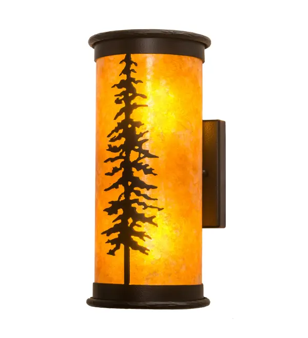This stunning wall sconce features a striking Tall Pine Tree design; with an Amber Mica lens. The cylindrical frame and hardware are finished in Black Satin Wrought Iron. The striking wall fixture is perfect for illuminating the walls of timber homes; modern farmhouses; and other spaces. The Tall Pines Wall Sconce is featured in our American-made; American-designed; handcrafted Nature Inspired Collection and manufactured in Yorkville; New York. UL and cUL listed for dry and damp locations. Upstate New York's adventurous playland; known as the Adirondack Mountains; with its many breathtaking forests; lakes; and rivers; is the spiritual birthplace of Meyda and inspires our rustic-themed collections.