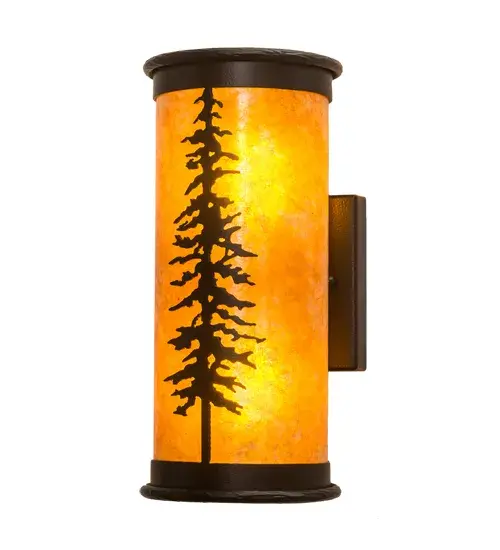 This stunning wall sconce features a striking Tall Pine Tree design; with an Amber Mica lens. The cylindrical frame and hardware are finished in Black Satin Wrought Iron. The striking wall fixture is perfect for illuminating the walls of timber homes; modern farmhouses; and other spaces. The Tall Pines Wall Sconce is featured in our American-made; American-designed; handcrafted Nature Inspired Collection and manufactured in Yorkville; New York. UL and cUL listed for dry and damp locations. Upstate New York's adventurous playland; known as the Adirondack Mountains; with its many breathtaking forests; lakes; and rivers; is the spiritual birthplace of Meyda and inspires our rustic-themed collections. - alternate view