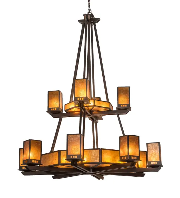 A handsome chandelier featuring two stunning central diffuser hubs flanked by 12 matching lanterns in Amber Mica. The fixture is enhanced with hardware and decorative accents in a Mahogany Bronze finish. Overall height ranges from 82.5 to 172.5 inches as the chain can be easily adjusted in the field. The Avondale Two Tier Chandelier is included in our American-made; American-designed; handcrafted Craftsman Collection and manufactured in Yorkville; New York. UL and cUL listed for dry and damp locations.