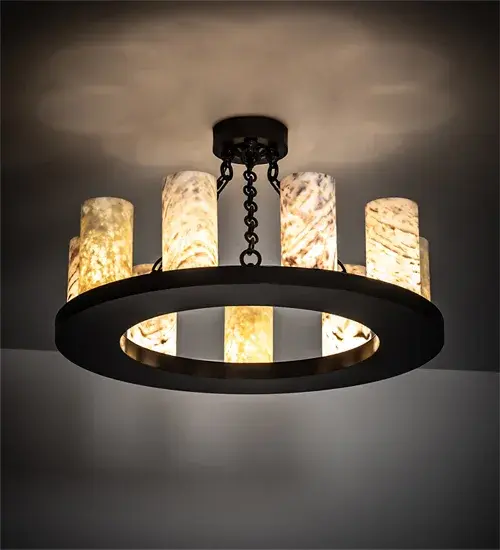 Blending an elegant style with a classic distinguished look; Loxley is custom crafted with 9 White and Green Jadestone Cylindres. The ceiling fixture is featured in a Timeless Bronze finish. Ideal for lighting applications in dining areas; conference tables; lobbies and other residential; hospitality and commercial spaces. Handcrafted by highly skilled artisans in our 180;000 square foot manufacturing facility in Yorkville; New York. Diffuser colors; metal finishes and fixture sizes can be customized to your needs. UL and cUL listed for dry and damp locations.