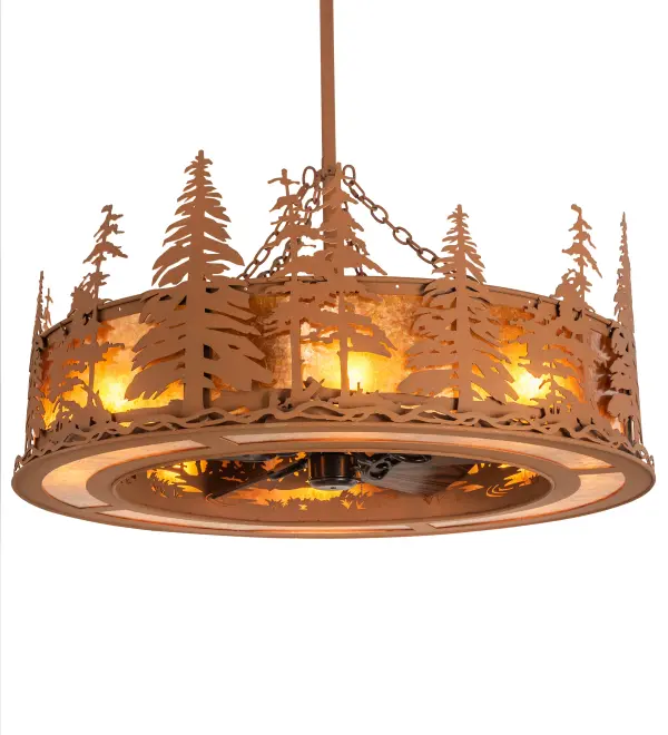 This Nature-inspired Tall Pines design is featured in our award-winning Chandel-Air collection. This fan-integrated custom lighting fixture features Pine Tree and woodland metal silhouettes in an Earth finish. An Amber Mica diffuser illuminates while gentle breezes are created by a fan spinning quietly in the center. Eight inner lights bring out the beauty of the Mica for a stunning decorative effect. The Tall Pines design is inspired by the Coconino National Forest in Arizona, to the Deschutes National Forest in Oregon, to the Ancient Bristlecone Pine Forest of California. This Chandel-air is ideal for use in a dining room, living space, kitchen, and other rooms in residential, hospitality, and commercial settings. In summer, the fan pushes down a windchill that circulates to keep the space cool and comfortable. In winter, the fan is reversed to pull the room air towards the ceiling, forcing the warm air back down & circulate to create warmth. The Tall Pines Chandel-Air is included in our American-made, American-designed, handcrafted Chandel-Air Collection and manufactured in Yorkville, NY. UL & cUL listed for dry and damp locations. Collection: Tall Pines Finish: Earth Oiled Bronze//Dark Oak Blades Glass: Amber Mica Width: 45.00" Height: 126.00" Length: 45.00" Weight: 112.00 lb Number of Bulbs: 8 Maximum Wattage: 60.00 W Bulb Type: A19 Bulb Base: E26 Material: Steel Country of Origin: USA Safety Listing: Damp Safety Rating: Damp
