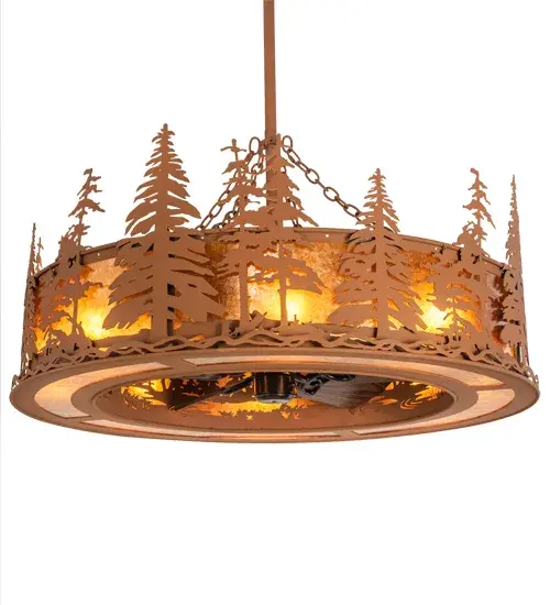 This Nature-inspired Tall Pines design is featured in our award-winning Chandel-Air collection. This fan-integrated custom lighting fixture features Pine Tree and woodland metal silhouettes in an Earth finish. An Amber Mica diffuser illuminates while gentle breezes are created by a fan spinning quietly in the center. Eight inner lights bring out the beauty of the Mica for a stunning decorative effect. The Tall Pines design is inspired by the Coconino National Forest in Arizona, to the Deschutes National Forest in Oregon, to the Ancient Bristlecone Pine Forest of California. This Chandel-air is ideal for use in a dining room, living space, kitchen, and other rooms in residential, hospitality, and commercial settings. In summer, the fan pushes down a windchill that circulates to keep the space cool and comfortable. In winter, the fan is reversed to pull the room air towards the ceiling, forcing the warm air back down & circulate to create warmth. The Tall Pines Chandel-Air is included in our American-made, American-designed, handcrafted Chandel-Air Collection and manufactured in Yorkville, NY. UL & cUL listed for dry and damp locations. Collection: Tall Pines Finish: Earth Oiled Bronze//Dark Oak Blades Glass: Amber Mica Width: 45.00" Height: 126.00" Length: 45.00" Weight: 112.00 lb Number of Bulbs: 8 Maximum Wattage: 60.00 W Bulb Type: A19 Bulb Base: E26 Material: Steel Country of Origin: USA Safety Listing: Damp Safety Rating: Damp - alternate view