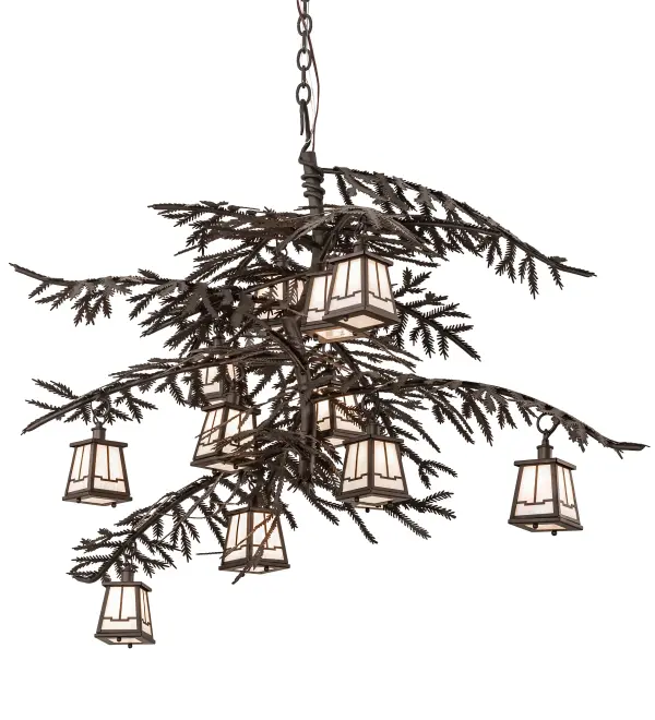 The material is Steel and Glass. The finish is Oil Rubbed Bronze. The glass is White Iridescent. Collection: Pine Branch Finish: Oil Rubbed Bronze Glass: White Iridescent Width: 40.00" Height: 41.00" Length: 54.00" Weight: 39.00 lb Number of Bulbs: 12 Maximum Wattage: 25.00 W Bulb Type: JCD Bulb Base: G9 Light Source: Halogen Material: Steel Country of Origin: USA Safety Listing: Damp Safety Rating: Damp