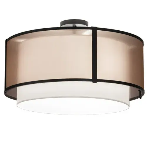 This stunning lighting fixture seamlessly blends a modern aesthetic with a minimalist design. The ceiling fixture features an alluring Brown TextraLite shade that envelops a White Textrene shade; complemented by a Statuario Idalight bottom diffuser. The fixture is enhanced with a Flat Black finish. The ceiling luminaire can illuminate a dining room or corridors in homes; lounges; and restaurants. The Cilindro Semi-Flush Mount is part of our American-made; American-designed; handcrafted Modern Lighting Collection; manufactured in Yorkville; New York. The fixture is UL and cUL listed for dry and damp locations; however; we do not recommend installing it in spaces that experience excessive moisture due to the fabric shade. - alternate view