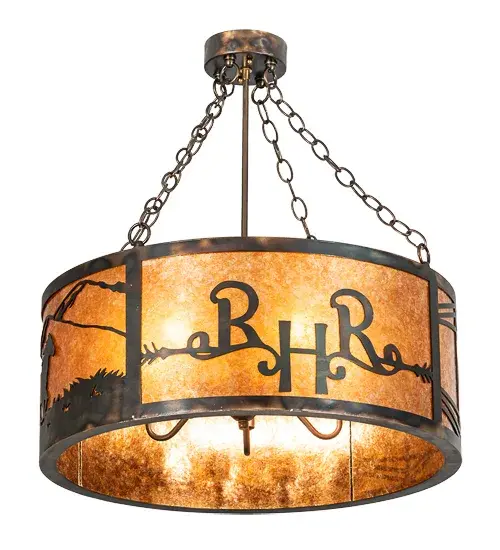 Customized for the Ridin-Hy Ranch Resort in Warrensburg; NY. This stunning rustic ceiling fixture features the resort logo and dramatic images of Horses; Horseshoe and a Cowboy in a Dark Burnished Antique Copper to match the hardware. The designs glow brilliant on the Amber Mica shade. The Ridin-Hy Personalized Semi-Flushmount is featured in our American made; American designed handcrafted Personalized Western Lighting Collection. Manufactured in Yorkville; New York. UL and cUL listed for dry and damp locations. - alternate view