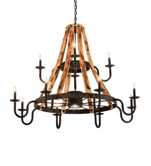 A Hand hammered metal banded belt embellishes this breathtaking chandelier. 12 Hand-Painted Complementary faux candlelights with delicate bobeches are embraced by gracefully curved arms. Ideal for providing decorative lighting in lobbies; ballrooms and large spaces in homes; hotels; retailers and other commercial locations. The frame is constructed of Costello Black finished steel and enhanced with Reclaimed Wood. A functional downlight delivers illumination on surfaces below. Overall height ranges from 46 to 76 as the chain length can be easily adjusted in the field. Handcrafted in our 180;000 square foot manufacturing facility in Yorkville; NY. Fixture designs; metal finishes and chandelier sizes can be customized to meet your needs. - alternate view