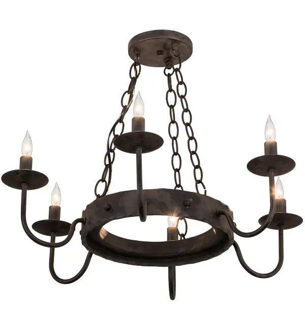 Blending Rustic charm with Gothic beauty. The Edinburgh chandelier is designed with 6 Complementary faux candlelights perched on matching bobeches. The Edinburgh chandelier is enhanced with a Costello Black finish and Domestically Produced in the USA at our Yorkville; NY manufacturing facility. Faux candlelight colors; metal finishes and sizes can be customized to your taste. UL and cUL listed for dry and damp locations.
