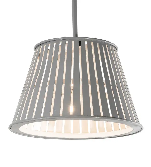 Elegant charm blends with rustic beauty. This unique ceiling pendant is inspired by vintage peach baskets traditionally bound with wooden staves and used for gathering peaches, apples and other fruits. Not just a popular fruit, the peach symbolizes immortality and long life. The metal frame is finished in Alpha Gray on the outside of the shade and finished in a White hue on the interior. Handcrafted by highly skilled artisans in our 180,000 square manufacturing facility in Yorkville, New York. Shade colors, metal finishes and sizes can be customized. UL and cUL listed for dry and damp locations. Collection: Peach Basket Finish: Alpha Gray Outside/White Inside Glass: White,Grey Width: 20.00" Height: 84.00" Length: 20.00" Weight: 16.00 lb Number of Bulbs: 1 Maximum Wattage: 60.00 W Bulb Type: A19 Bulb Base: E26 Material: Steel Country of Origin: USA Safety Listing: Damp Safety Rating: Damp