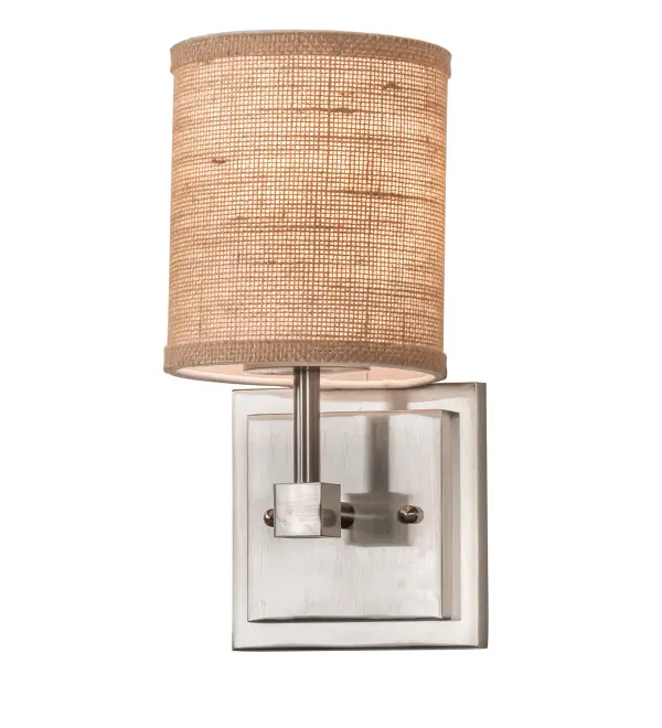 A refined style for today's popular interiors, this Brooker wall sconce is designed with a distinctive Burlap shade. A Brushed Nickel finish complements the wall luminaire, which is ideal for illuminating corridors and entryways in residences and other spaces in Washington, D.C., Memphis, Tennessee, and Salt Lake City, Utah. The Brooker Wall Sconce is featured in our American-designed, handcrafted Modern Lighting Collection. UL and cUL listed for dry and damp locations, however, we do not recommend installing it in spaces that experience a large amount of moisture due to the fabric shades. This fixture is Custom Made. Please call for Pricing and Lead Time. Collection: Brooker Finish: Brushed Nickel Glass: Burlap Width: 5.00" Height: 11.00" Length: 5.50" Weight: 2.00 lb Extension from Wall: 5.50" Number of Bulbs: 1 Maximum Wattage: 60.00 W Bulb Type: BA9 Bulb Base: E12 Material: Steel Country of Origin: USA Safety Listing: Dry Safety Rating: Dry