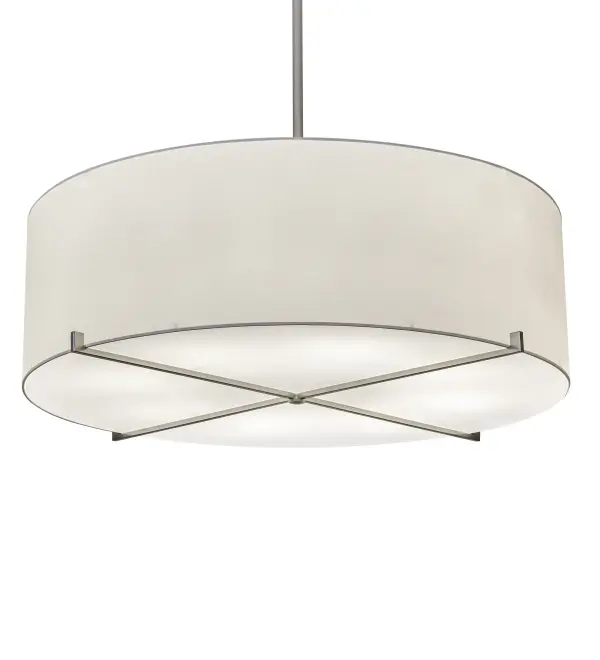 Designed with a curved profile and a clean architectural look. This appealing and versatile ceiling pendant reveals a sophisticated aesthetic. This fixture features a White Textrene shade enhanced with a Statuario Idalight bottom diffuser. The fixture is complemented with metal crosshatch design in a Nickel powder coat finish. Made to Order in our 180;000 sq ft manufacturing facility in Yorkville; New York. Shade colors; metal finishes and sizes can be customized to your taste. UL and cUL listed for dry and damp locations however we do not recommend installing it in spaces that experience a large amount of moisture due to the fabric shade.