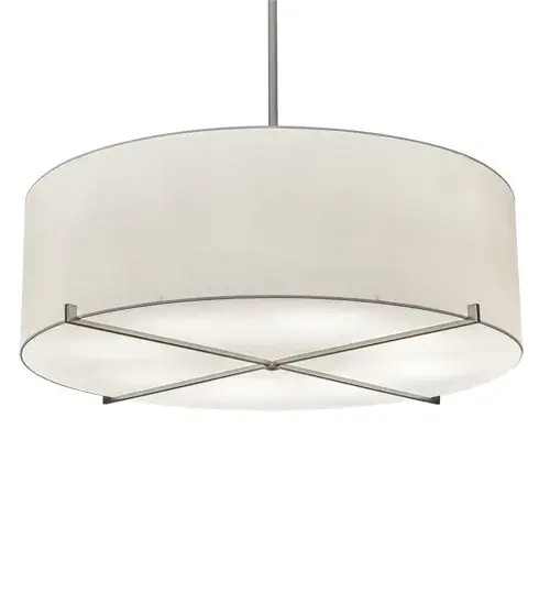 Designed with a curved profile and a clean architectural look. This appealing and versatile ceiling pendant reveals a sophisticated aesthetic. This fixture features a White Textrene shade enhanced with a Statuario Idalight bottom diffuser. The fixture is complemented with metal crosshatch design in a Nickel powder coat finish. Made to Order in our 180;000 sq ft manufacturing facility in Yorkville; New York. Shade colors; metal finishes and sizes can be customized to your taste. UL and cUL listed for dry and damp locations however we do not recommend installing it in spaces that experience a large amount of moisture due to the fabric shade. - alternate view