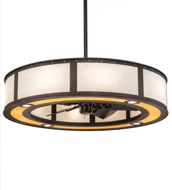 Inspired by the Arts and Crafts movement, this stunning fan-integrated, custom lighting fixture features stunning Eggshell Textrene complemented with a Faux Maplewood bottom diffuser and enhanced with a Mahogany Bronze finish. The Chandel-Air features multiple layers of light for different moods and tasks, including 8 inner lights that bring out the beauty of the mica and ambient illumination and 4 downlights for functional illumination. In summer, the fan pushes down a windchill that circulates to keep the space cool. In winter, the fan is reversed to pull the air towards the ceiling and force warm air back into your space. The Smythe Craftsman Chandel-Air is included in our American-made, American-designed handcrafted Chandel-Air Collection. Manufactured in Yorkville, NY. UL & cUL listed for dry and damp locations. Collection: Smythe Craftsman Finish: Mahogany Bronze Glass: Eggshell Textrene And Maplewood Width: 44.50" Height: 57.00" Length: 44.50" Weight: 74.00 lb Extension from Wall: 3.75" Number of Bulbs: 8 Maximum Wattage: 60.00 W Bulb Type: A19 Bulb Base: E26 Material: Steel Country of Origin: USA Safety Listing: Dry Safety Rating: Damp