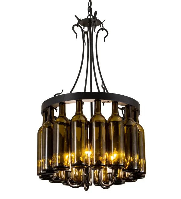 Capture the mood or life of any party with authentic wine bottle lighting. This ceiling pendant does so much more than deliver light. It adds personality and pizazz to any interior. A Hand-Forged Black vine and leaf coil is designed around the necks of 16 stunning Antique Green wine bottles. The pendant is complemented with handsome hardware featured in a Textured Black finish. Perfect for homes; restaurants; hotels; pubs; nightclubs; wineries; and retailers. The overall height ranges from 36 to 131 inches as the stem length can be adjusted in the field to accommodate your specific lighting application needs. Handcrafted by highly skilled artisans in our 180;000 square manufacturing facility in Yorkville; New York. Wine bottle colors; metal finishes and sizes can be customized. UL and cUL listed for dry and damp locations.