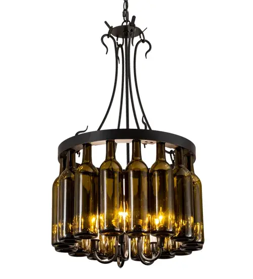 Capture the mood or life of any party with authentic wine bottle lighting. This ceiling pendant does so much more than deliver light. It adds personality and pizazz to any interior. A Hand-Forged Black vine and leaf coil is designed around the necks of 16 stunning Antique Green wine bottles. The pendant is complemented with handsome hardware featured in a Textured Black finish. Perfect for homes; restaurants; hotels; pubs; nightclubs; wineries; and retailers. The overall height ranges from 36 to 131 inches as the stem length can be adjusted in the field to accommodate your specific lighting application needs. Handcrafted by highly skilled artisans in our 180;000 square manufacturing facility in Yorkville; New York. Wine bottle colors; metal finishes and sizes can be customized. UL and cUL listed for dry and damp locations. - alternate view