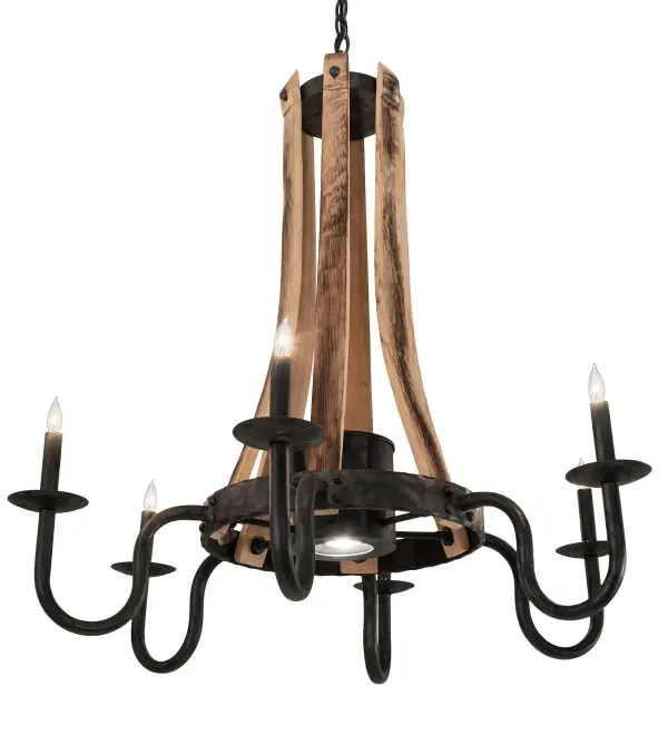 Elegant; luxurious charm blends with natural; rustic beauty. This extraordinary massive chandelier is inspired by antique staves traditionally bound by metal hoops used to construct beer and whisky barrels and wine casks. A stunning Hammered Costello Black finished Charred Wood band and curved arms with bobeches embrace six complementary faux candlelights for beautiful ambient lighting; and a single downlight provides functional illumination on surfaces below. Two separate circuits give you precise dimming control over both layers of light to create the perfect ambiance in the space. This stunning chandelier is ideal for providing beautiful ambient lighting and opulence in residential and hospitality spaces in St. Augustine; Florida; Milwaukee; Wisconsin; and San Diego; California. The overall height ranges from 41 to 113 inches; as the chain can be adjusted in the field to meet your precise lighting requirements. The Barrel Stave 6 Light Chandelier is included in our American-made; American-designed; handcrafted Contemporary Rustic Collection and manufactured in Yorkville; New York. UL and cUL listed for dry and damp locations.