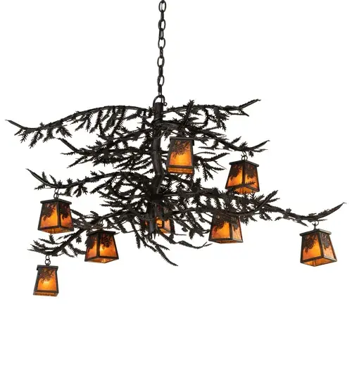 Invite the natural charm of the American woodlands into your camp; lodge; home; or business with this awe-inspiring chandelier. Eight Amber Mica lanterns are offered in this stunning Arts & Crafts design and adorn Pine Branch-shaped metal arms with pine needle metal accents. This lovely; elaborate fixture features a bold; Flat Black finish. The overall height ranges from 29 to 100 inches; and the chain length can be easily adjusted in the field to meet your lighting needs. The fixture is inspired by the beautiful Pine Tree forests from the Chiricahua Mountains and Huachuca Mountains near Tucson and Sierra Vista in Arizona; to the Pine Forest Range in Humboldt County in Nevada. It is ideal for making a dramatic design statement in an entryway; lobby; or ballroom. The Pine Branch Winter Pine 8 Light Chandelier is included in our American-made; American-designed; handcrafted Nature Inspired Lighting Collection. UL and cUL listed for dry and damp locations. Upstate New York's adventurous playland; known as the Adirondack Mountains; with its many breathtaking forests; lakes; and rivers; is the spiritual birthplace of Meyda and inspires our rustic-themed mica collections. - alternate view