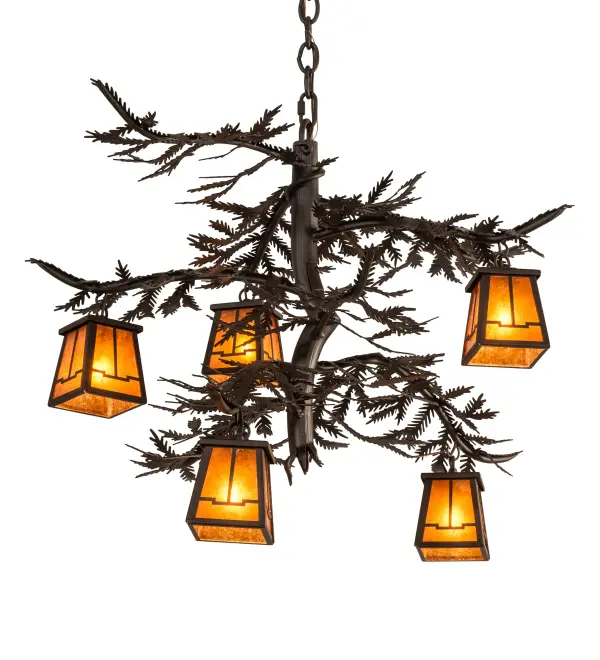 The material is Steel and Mica. The finish is Oil Rubbed Bronze. The diffuser is Amber Mica. Collection: Pine Branch Finish: Oil Rubbed Bronze Glass: Amber Mica Width: 29.00" Height: 28.00" Length: 29.00" Weight: 18.00 lb Number of Bulbs: 5 Maximum Wattage: 60.00 W Bulb Type: G9 JCD Bulb Base: G9 Light Source: Halogen Material: Steel Country of Origin: USA Safety Listing: Damp Safety Rating: Damp
