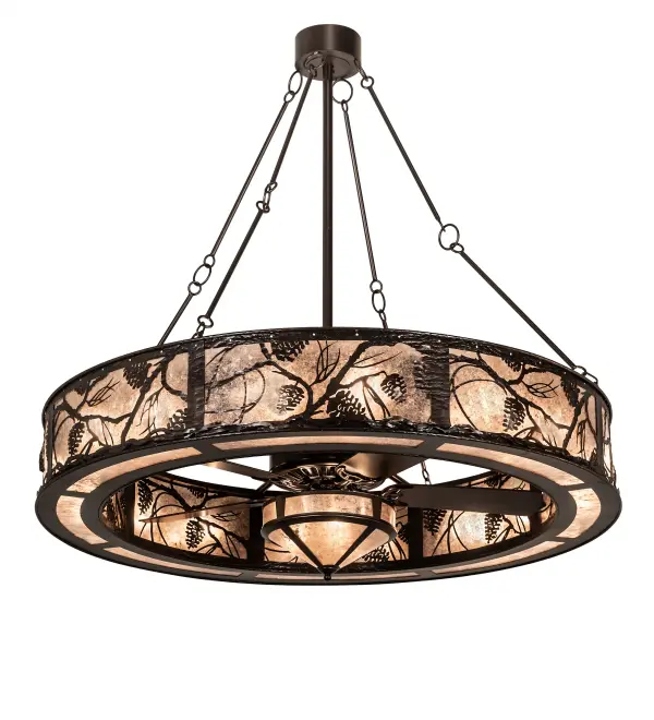 Delicate Pinecones and Pine Branches accent this magnificent creation. This Fan Integrated Light Fixture is offered in our award-winning Chandel-Air Collection. Soft ambient light is projected through Silver Mica panels while the fan spins quietly in the center. The fixture is enhanced with a warm Mahogany Bronze finish. Handcrafted in our 180;000 sq ft manufacturing facility in Yorkville; NY at the foothills of the Adirondack Mountains. The Chandel-Air creates a windchill that circulates to keep your space cool and comfortable during the summer. The fan is reversed to pull the room air up towards the ceiling and force the warm air back down in winter.
