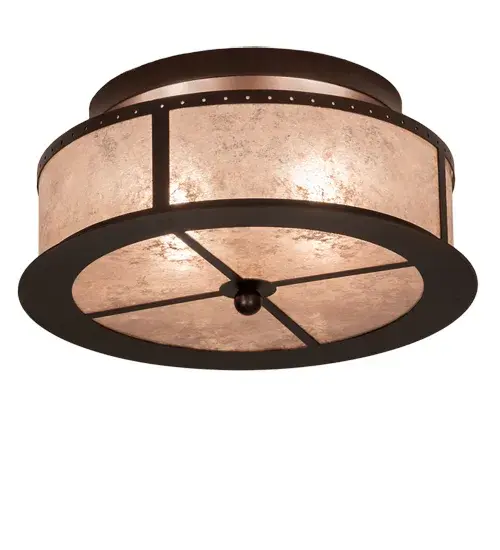 Inspired by the famed Arts and Crafts movement in design. This handsome ceiling fixture provides beautiful ambient light gently projected from a stunning Silver Mica shade. The stunning ceiling fixture is enhanced with a Mahogany Bronze finished Saltire design and accents. The Smythe Craftsman Flushmount is featured in our American-made; American-designed; handcrafted Arts & Crafts Lighting Collection. Manufactured in Yorkville; New York. UL and cUL listed for dry and damp locations. - alternate view