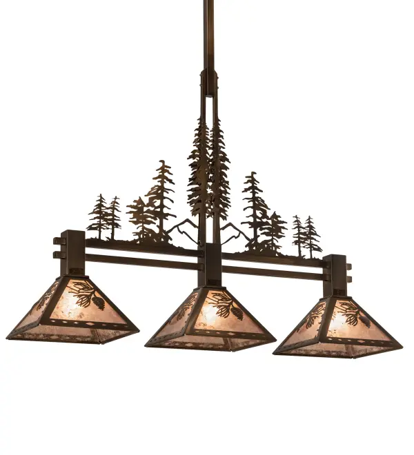 The material is Steel and Mica. The finish is Antique Copper. The diffuser is Silver Mica. Collection: Tall Pines Finish: Antique Copper Glass: Silver Mica Width: 11.50" Height: 84.00" Length: 45.00" Weight: 18.00 lb Number of Bulbs: 3 Maximum Wattage: 60.00 W Bulb Type: A19 Bulb Base: E26 Material: Steel Country of Origin: USA Safety Listing: Damp Safety Rating: Damp