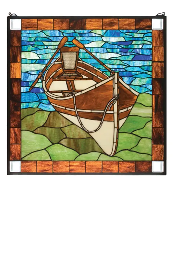 Used to explore the breathtaking Adirondack Mountain Lakes, the Guideboat is featured in Green Brown Art Glass with Beige and Brown accents, on a Wedgewood Blue Waterglass tiled background. Clear Glass insets are featured on the corners of the stained glass window. The Beached Guideboat Window is included in our American-designed, handcrafted Stained Glass Window Collection. Includes chains and Brass mounting brackets. Each window is a unique work of art with color variations based on natural ingredients inherent in the glass. Collection: Beached Guideboat Finish: Verdigris Glass: Eb 59Xa Ba Va Width: 26.00" Height: 26.00" Length: 26.00" Weight: 11.00 lb Number of Bulbs: 1 Bulb Type: TBD Bulb Base: Medium Material: Brass Country of Origin: CHINA Safety Listing: Dry Safety Rating: Dry