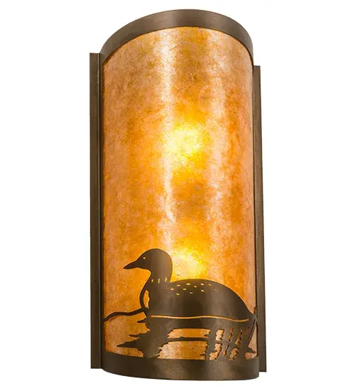 Listen to the melodious calls of the Loon echo across the mountain lake as this aquatic bird wades across the water while the lazy afternoon sun shines brightly in the background. The ADA-compliant Loon Left Wall Sconce features an Amber Mica shade which is enhanced with an appealing frame and hardware featuring an Antique Copper finish. The complementary 9 Wide Loon Right Wall Sconce, item 214484, is also available. The Loon Wall Sconces are included in our American-made, American-designed, handcrafted Wildlife Collection and manufactured in Yorkville, New York. The fixture is UL and cUL listed for dry and damp locations." Collection: Loon Finish: Antique Copper Glass: Amber Mica Width: 9.00" Height: 18.00" Length: 4.00" Weight: 3.50 lb Number of Bulbs: 2 Maximum Wattage: 60.00 W Bulb Type: A19 Bulb Base: E26 Material: Steel Country of Origin: USA Safety Rating: Damp - alternate view