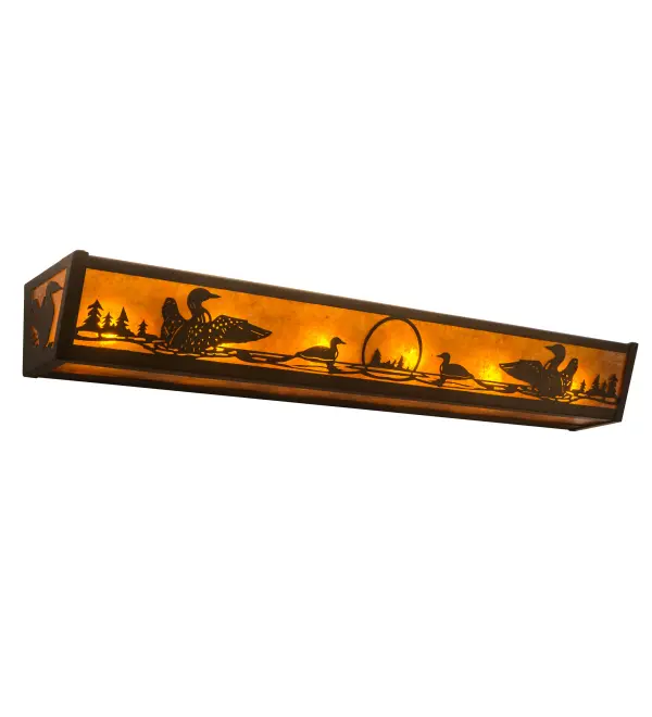 You can almost hear the melodious calls of the Loon echo across the woodland lake as this aquatic bird wades across the water. The vanity light is designed with an Amber Mica diffuser; enhanced with decorative accents and hardware featured in an Antique Copper finish. The fixture is ideal for illuminating fine baths as a vanity light or other rooms as a wall sconce in homes from San Angelo; Texas; to Compton; California; to Hillsboro; Oregon. The Loon Vanity Light is included in our American-made; American-designed; handcrafted Wildlife Collection and manufactured in Yorkville; New York. UL and cUL listed for dry and damp locations.