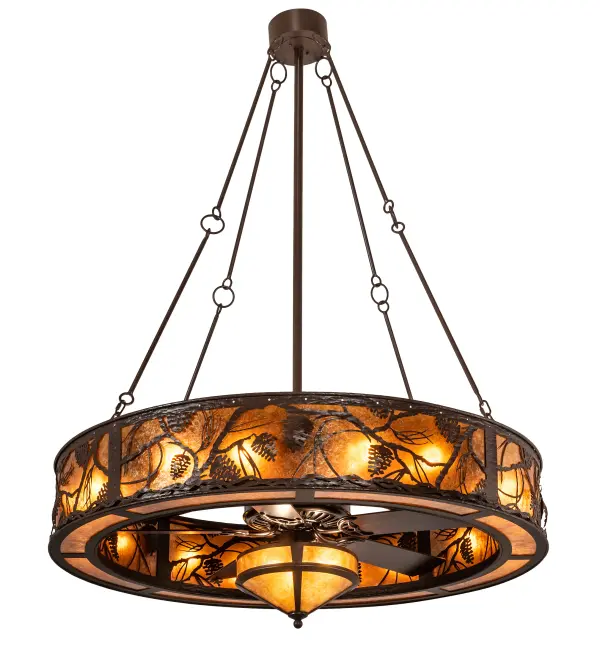 Delicate Pinecone and Pine Branch accents adorn this magnificent marvel. The Fan Integrated Light Fixture is offered in our award-winning Chandel-Air Collection. Beautiful light is diffused through Amber Mica panels complemented with a smaller lighted hub with a matching diffuser. Gentle breezes are produced by the fan spinning quietly in the center of the fixture. This Whispering Pines Chandel-Air features a Cafe Noir finish. Handcrafted in our 180;000 sq ft manufacturing facility in Yorkville; NY. The Chandel-Air creates a windchill that circulates to keep your space cool and comfortable during the summer. The fan is reversed to pull the room air up towards the ceiling and force the warm air back down in winter. UL and cUL listed.