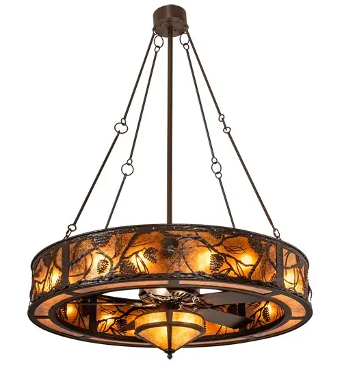 Delicate Pinecone and Pine Branch accents adorn this magnificent marvel. The Fan Integrated Light Fixture is offered in our award-winning Chandel-Air Collection. Beautiful light is diffused through Amber Mica panels complemented with a smaller lighted hub with a matching diffuser. Gentle breezes are produced by the fan spinning quietly in the center of the fixture. This Whispering Pines Chandel-Air features a Cafe Noir finish. Handcrafted in our 180;000 sq ft manufacturing facility in Yorkville; NY. The Chandel-Air creates a windchill that circulates to keep your space cool and comfortable during the summer. The fan is reversed to pull the room air up towards the ceiling and force the warm air back down in winter. UL and cUL listed. - alternate view