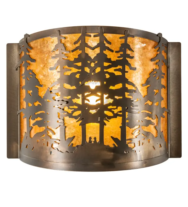 A stunning stand of Tall Pines is depicted while the morning sun rises in the background. Soft ambient light is diffused beautifully through an Amber Mica lens and complemented with Antique Copper finished accents and frame. This nature inspired wall fixture is handcrafted by highly skilled artisans in our 180,000 square manufacturing facility in Yorkville, New York. Shade colors, metal finishes and sizes can be customized. UL and cUL listed for dry and damp locations. Collection: Tall Pines Finish: Antique Copper Glass: Amber Mica Width: 12.00" Height: 9.50" Length: 4.50" Weight: 3.50 lb Extension from Wall: 4.50" Number of Bulbs: 1 Maximum Wattage: 60.00 W Bulb Type: A19 Bulb Base: E26 Material: Steel Country of Origin: USA Safety Listing: Damp Safety Rating: Damp