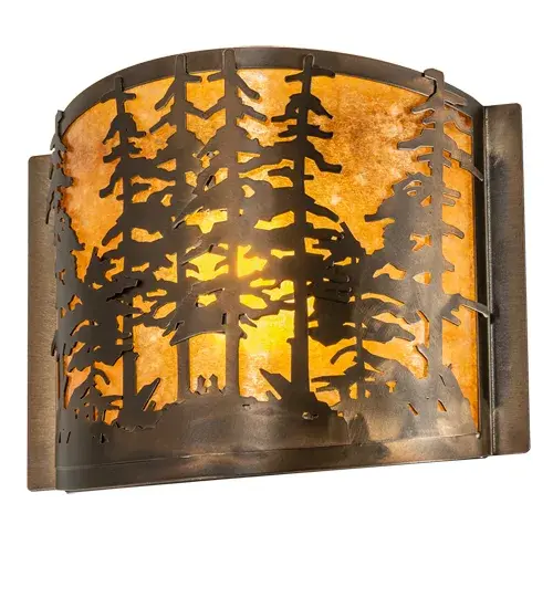 A stunning stand of Tall Pines is depicted while the morning sun rises in the background. Soft ambient light is diffused beautifully through an Amber Mica lens and complemented with Antique Copper finished accents and frame. This nature inspired wall fixture is handcrafted by highly skilled artisans in our 180,000 square manufacturing facility in Yorkville, New York. Shade colors, metal finishes and sizes can be customized. UL and cUL listed for dry and damp locations. Collection: Tall Pines Finish: Antique Copper Glass: Amber Mica Width: 12.00" Height: 9.50" Length: 4.50" Weight: 3.50 lb Extension from Wall: 4.50" Number of Bulbs: 1 Maximum Wattage: 60.00 W Bulb Type: A19 Bulb Base: E26 Material: Steel Country of Origin: USA Safety Listing: Damp Safety Rating: Damp - alternate view