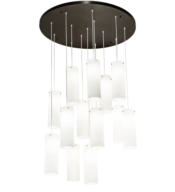 An eye-catching statement piece which is ideal for for illuminating spiral staircases and other spaces in residential; hospitality and commercial settings. This Cilindro Cascading Pendant features 14 Statuario Idalight Cylindres and complemented with a Bronze finish. Each cylindrical diffuser is suspended at a different level from the canopy while containing its own light source. The overall height ranges from 21 to to 120 inches as the cable length can be easily adjusted in the field to accommodate your specific lighting application needs. Diffuser colors; metal finishes and fixture sizes can be customized to meet your needs. UL and cUL listed for damp and dry locations.