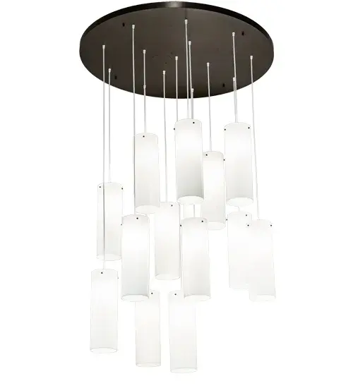 An eye-catching statement piece which is ideal for for illuminating spiral staircases and other spaces in residential; hospitality and commercial settings. This Cilindro Cascading Pendant features 14 Statuario Idalight Cylindres and complemented with a Bronze finish. Each cylindrical diffuser is suspended at a different level from the canopy while containing its own light source. The overall height ranges from 21 to to 120 inches as the cable length can be easily adjusted in the field to accommodate your specific lighting application needs. Diffuser colors; metal finishes and fixture sizes can be customized to meet your needs. UL and cUL listed for damp and dry locations. - alternate view