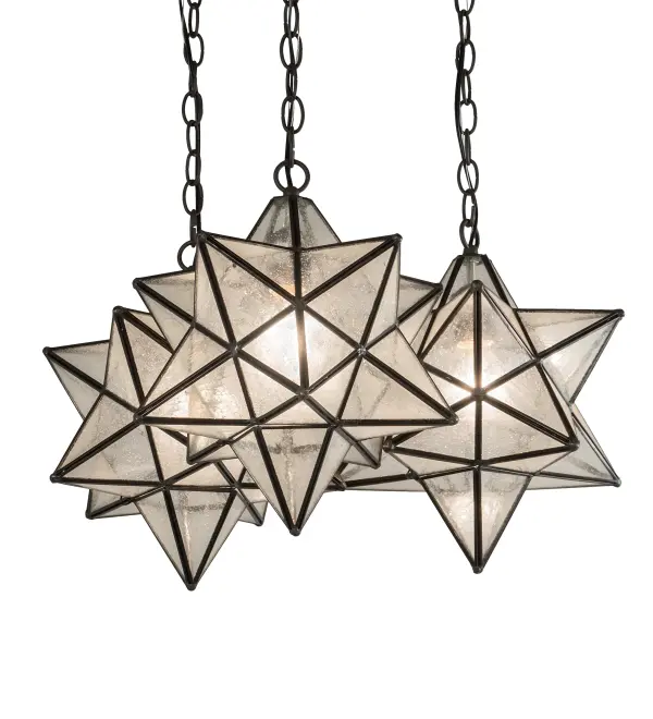 Grace your home with this timeless cascading ceiling pendant. Dating back to Moravia hundreds of years ago; the Star was used to protect your home and bring good luck to your family. 3 sparkling Clear Seeded Glass shades are suspended at various heights to create a dramatic design statement for lobbies; entryways and other spaces in residential; hospitality and commercial settings. The Moravian Star pendant features an Oil Rubbed Bronze finish. Overall height ranges from 18 to 166 inches as the chain length can be easily adjusted in the field. Handcrafted in our 180;000 sq ft manufacturing facility in Yorkville; NY. Shade colors; metal finishes and sizes can be customized. UL and cUL listed for dry; damp and wet locations.