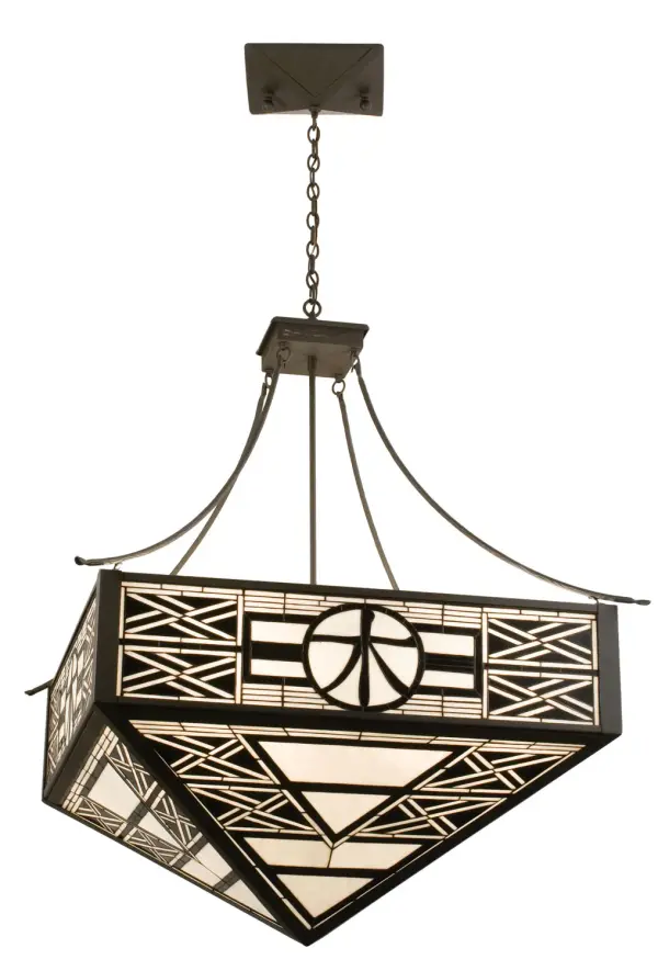 The ancient Symbol for Wood is depicted on a handsome inverted pendant crafted utilizing the copperfoil construction process with Black glass accenting a White art glass shade. The pendant is suspended from geometrically patterned hardware finished in Timeless Bronze. Collection: Symbol For Wood Finish: Timeless Bronze Glass: Stained Glass Width: 41.00" Height: 58.75" Length: 41.00" Weight: 1.00 lb Number of Bulbs: 4 Maximum Wattage: 60.00 W Bulb Type: A19 Bulb Base: E26 Material: Steel Country of Origin: USA Safety Listing: Dry Safety Rating: Damp