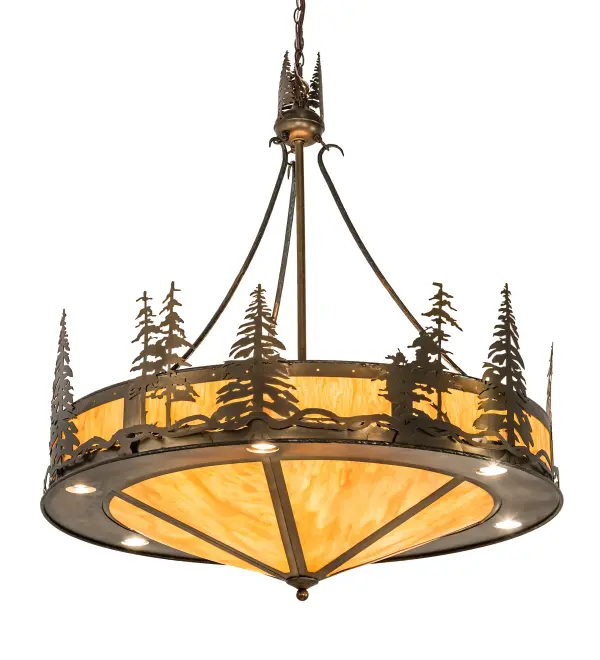 Capture the allure of rustic charm. A mesmerizing stand of Tall Pine Trees is highlighted as the morning sun rises in the background of this fixture. The side panels and matching bottom diffuser are featured in Ambra Siena Idalight. The shade is complemented with an Antique Copper. 12 customer supplied lamps bring out the beauty of the Idalight while 6 customer supplied downlights deliver functional illumination below. Overall height ranges from 48 to 120 inches as the chain can be easily adjusted in the field. Made to Order in our 180,000 sq ft US manufacturing facility in Yorkville,NY at the foothills of the Adirondack Mountains. Customize shade colors, metal finishes and fixtures sizes. UL and cUL listed for dry and damp locations. Collection: Tall Pines Finish: Antique Copper Glass: Ambra Sienna Idalight Width: 40.00" Height: 48.00" Length: 40.00" Weight: 53.00 lb Number of Bulbs: 6 Maximum Wattage: 60.00 W Bulb Type: A19 Bulb Base: E26 Material: Steel Country of Origin: USA Safety Listing: Damp Safety Rating: Damp