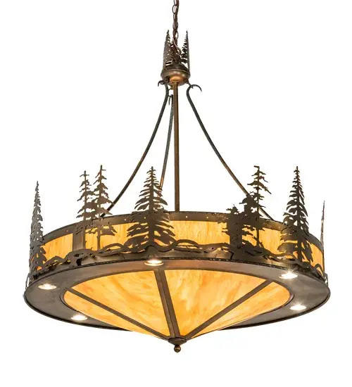 Capture the allure of rustic charm. A mesmerizing stand of Tall Pine Trees is highlighted as the morning sun rises in the background of this fixture. The side panels and matching bottom diffuser are featured in Ambra Siena Idalight. The shade is complemented with an Antique Copper. 12 customer supplied lamps bring out the beauty of the Idalight while 6 customer supplied downlights deliver functional illumination below. Overall height ranges from 48 to 120 inches as the chain can be easily adjusted in the field. Made to Order in our 180,000 sq ft US manufacturing facility in Yorkville,NY at the foothills of the Adirondack Mountains. Customize shade colors, metal finishes and fixtures sizes. UL and cUL listed for dry and damp locations. Collection: Tall Pines Finish: Antique Copper Glass: Ambra Sienna Idalight Width: 40.00" Height: 48.00" Length: 40.00" Weight: 53.00 lb Number of Bulbs: 6 Maximum Wattage: 60.00 W Bulb Type: A19 Bulb Base: E26 Material: Steel Country of Origin: USA Safety Listing: Damp Safety Rating: Damp - alternate view