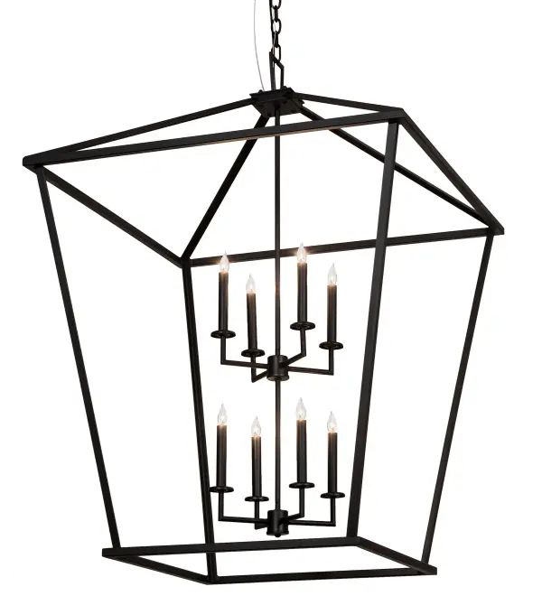 A sophisticated architecturally styled fixture is designed with a pizazz that is unique, fresh and stylish. Give your decor an extra edge with this breathtaking fixture, which is highlighted with a solid structure. Beautiful ambient illumination is projected by 8 Complementary faux candlelights. The solid steel constructed hardware is featured in a Textured Black finish and treated for outdoor applications. Overall height ranges from 52 to 207 inches as chain length adjusts easily in the field. Handmade by highly skilled artisans in our 180,000 sq ft manufacturing facility in Yorkville, New York. Lens materials & metal finishes can be customized to your requirements. UL and cUL listed for dry, damp and wet locations however the materials are suitable for mild climates, but not for extreme outdoor conditions. Collection: Kitzi Finish: Textured Black Glass: Black Glass Width: 51.00" Height: 52.00" Length: 36.00" Weight: 38.00 lb Number of Bulbs: 8 Maximum Wattage: 60.00 W Bulb Type: BA9 Bulb Base: E12 Material: Steel Country of Origin: USA Safety Listing: Damp Safety Rating: Damp