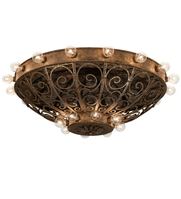 Elaborate metal scrollwork in a Pompeii Gold finish is enhanced with an Antique Bronze Mirror finish featured within. Twenty-four complementary Edison-style bulbs evoke beautiful ambient illumination- 16 on the top tier; and eight on the lower hub. This luxurious ceiling fixture is ideal for illuminating dining spaces; entryways; and other residential; hospitality; and commercial spaces throughout the US; including Arlington; Virginia; Omaha; Nebraska; and Sacramento; California. The?Osteria 24 Light Flushmount is included in our American-made; American-designed; handcrafted Gothic Lighting Collection. This fixture is manufactured in Yorkville; New York. UL and cUL listed for dry and damp locations. This stunning fixture was designed by Karen Hanlon and is featured at Elisabetta's Ristorante; located at 32 Atlantic Ave in Delray Beach; Florida.