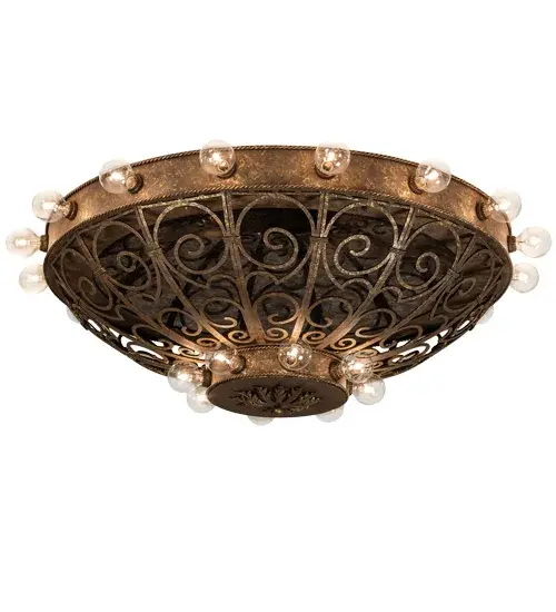 Elaborate metal scrollwork in a Pompeii Gold finish is enhanced with an Antique Bronze Mirror finish featured within. Twenty-four complementary Edison-style bulbs evoke beautiful ambient illumination- 16 on the top tier; and eight on the lower hub. This luxurious ceiling fixture is ideal for illuminating dining spaces; entryways; and other residential; hospitality; and commercial spaces throughout the US; including Arlington; Virginia; Omaha; Nebraska; and Sacramento; California. The?Osteria 24 Light Flushmount is included in our American-made; American-designed; handcrafted Gothic Lighting Collection. This fixture is manufactured in Yorkville; New York. UL and cUL listed for dry and damp locations. This stunning fixture was designed by Karen Hanlon and is featured at Elisabetta's Ristorante; located at 32 Atlantic Ave in Delray Beach; Florida. - alternate view