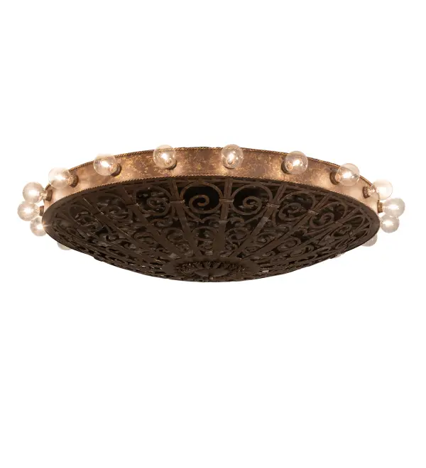 This extraordinary ceiling fixture features elegant metal scrollwork in a Pompeii Gold finish. It is enhanced with an Antique Bronze finished Mirror within the cage profile to provide subtle depth to this intriguing lighting design. Twenty complementary Edison-style bulbs evoke beautiful ambient illumination. This luxurious ceiling fixture is ideal for illuminating dining spaces; entryways; and other residential; hospitality; and commercial spaces throughout the US; including Arlington; Virginia; Omaha; Nebraska; and Sacramento; California. The Osteria 20 Light Flushmount is included in our American-made; American-designed; handcrafted Gothic Lighting Collection. This fixture is manufactured in Yorkville; New York. UL and cUL listed for dry and damp locations. This stunning fixture was designed by Karen Hanlon and is featured at Elisabetta's Ristorante; located at 32 Atlantic Ave in Delray Beach; Florida.
