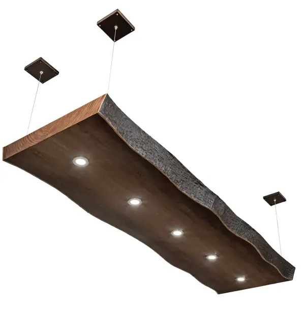 The Live Edge Pendant features an appealing linear metal profile with a Raw Wood faux grain finish that defines an advanced aesthetic with good looks. Five Integral LED downlights are embedded in the fixture for high-quality functional illumination on the surfaces below. This handsome oblong fixture is perfect for illuminating islands, counters, dining and billiard tables where you want to make a warm and welcoming atmosphere, whether it is located in a timber frame home, lodge, resort, or camp from Arlington, Virginia, and Omaha, Nebraska, to Sacramento, California. A minimalistic fixture that will provide a dramatic impact on any interior. The overall height ranges from six to 77 inches, as the aircraft cable length can be easily adjusted in the field to accommodate your specific lighting application needs. The Live Edge Walnut Oblong Pendant is featured in our American-made, American-designed, handcrafted Rustic Collection. This lighting fixture is manufactured in Yorkville, New York. UL and cUL listed for dry and damp locations. Collection: Live Edge Walnut Finish: Faux Raw Wood Glass: Chocolate Width: 30.00" Height: 6.00" Length: 93.00" Weight: 157.00 lb Number of Bulbs: 5 Maximum Wattage: 26.00 W Bulb Type: A19 Bulb Base: INTEGRAL Light Source: LED Color Temperature: 3000 K Material: Steel Country of Origin: USA Safety Listing: Damp Safety Rating: Damp LED